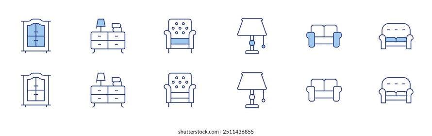 Home furniture icon set in two styles, Duotone and Thin Line style. Editable stroke. cabinet, night stand, armchair, table lamp, sofa.