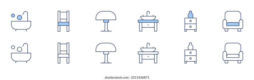 Ícone da mobília de casa definido em dois estilos, Duotone e estilo Linha fina. AVC editável. banheira, cadeira, pia, lâmpada, armário, sofá.