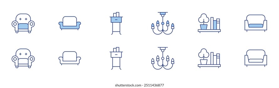Home Möbel Ikone in zwei Stilen, Duotone und Thin Line Stil. Bearbeitbarer Strich. Sessel, Sofa, Kronleuchter, Nachttisch, Regal.