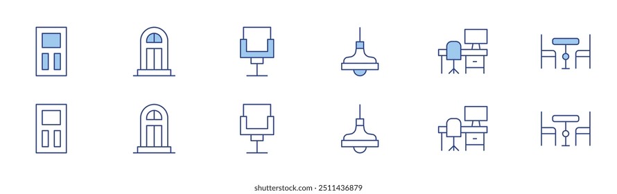 Home furniture icon set in two styles, Duotone and Thin Line style. Editable stroke. lamp, office, door, dinner table, chair.