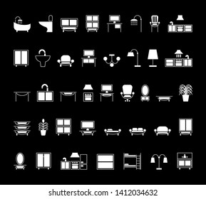 home furniture icon set. Vector outline illustration on a black background.