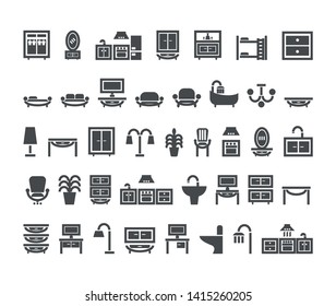 home furniture icon set. Vector black and white isolated illustration.