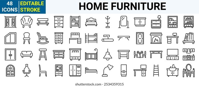 Iconos de los muebles del hogar colección, escritorio, cuarto de baño, bañera, lámpara de techo, silla, lavabo, mesa de la TV, cortina, cajón, sofá, puerta de la casa, espejo, armario, gabinete.