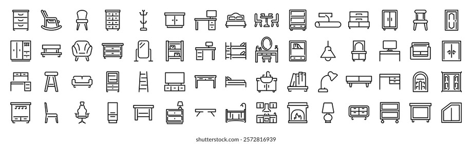 Home furniture icons collection, desk, bathroom, bathtub, ceiling lamp, chair, sink, tv table, curtain, drawer, sofa, house door, mirror, cupboard, cabinet. editable stroke.