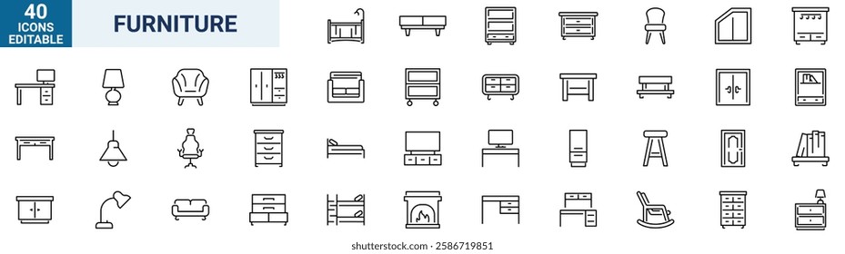 Home furniture icons collection, desk, bathroom, bathtub, ceiling lamp, chair, sink, tv table, curtain, drawer, sofa, house door, mirror, cupboard, cabinet. editable stroke.