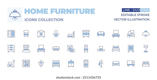 Iconos de muebles para el hogar colección. Línea estilo Duotone, carrera editable. mesa de tv, estante del libro, sofá, resto, aparador, cómodo, casa del pájaro, estante del sombrero, electrónica, cama doble, gabinete, cama, silla.