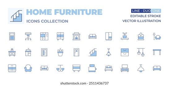 Home furniture icons collection. Line Duotone style, editable stroke. stairs, cabinet, door, ceiling light, tv table, armchair, sofa, toaster, chest of drawers, house plants, double bed, bedside table