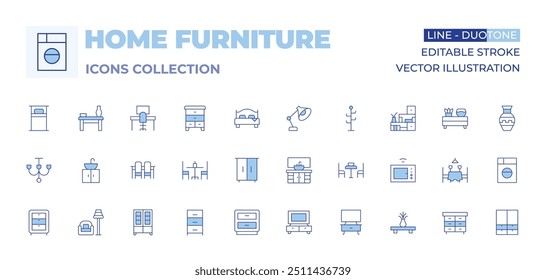 Home Möbel Icons Sammlung. Linienduotonstil, bearbeitbarer Strich. Fernseher, Tisch, Kronleuchter, Kommode, Sofa, Schubladen, Schrank, Esstisch, Nachttisch, Waschbecken, Schrank, Mikrowelle.