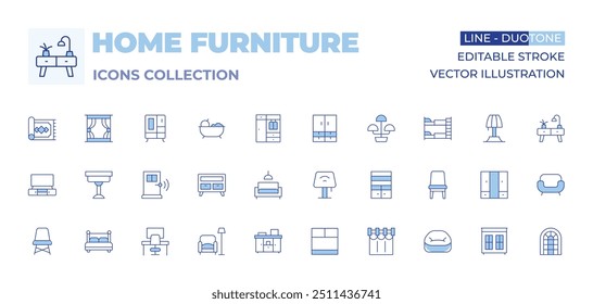 Home Möbel Icons Sammlung. Linienduotonstil, bearbeitbarer Strich. Regal, Wohnzimmer, Schrank, Möbel, Couchtisch, Vorhänge, Schreibtischlampe, Stuhl, Tür, Arbeitsplatz, Doppelbett, TV.