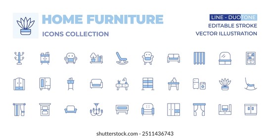 Home Möbel Icons Sammlung. Linienduotonstil, bearbeitbarer Strich. Regal, Kleiderschrank, Schubladen, Sofa, Kronleuchter, Schrank, Tisch, Nachttisch, Couchtisch, Sessel, Vorhang, Fenster.