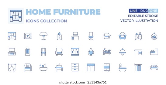 Home furniture icons collection. Line Duotone style, editable stroke. desk, bathroom, bathtub, ceiling lamp, chair, sink, tv table, curtain, drawer, sofa, house door, mirror, cupboard, cabinet, home d