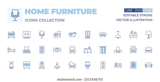 Home furniture icons collection. Line Duotone style, editable stroke. bed, cabinet, lamp, tv stand, door, chest of drawers, plant, armchair, dresser, dinner table, shelf, toilet, curtain.