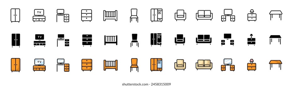 Home furniture icons collection. Linear, silhouette and flat style. Vector icons