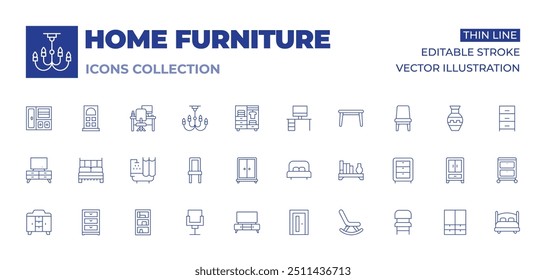 Home furniture icons collection. Thin Line icons, editable stroke. chair, wardrobe, double bed, shelf, tv table, tv, door, rocking chair, chest of drawers, drawers, shower.
