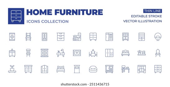 Home furniture icons collection. Thin Line icons, editable stroke. chair, wardrobe, workspace, double bed, rug, drawers, single bed, shelves, chest of drawers, sideboard.