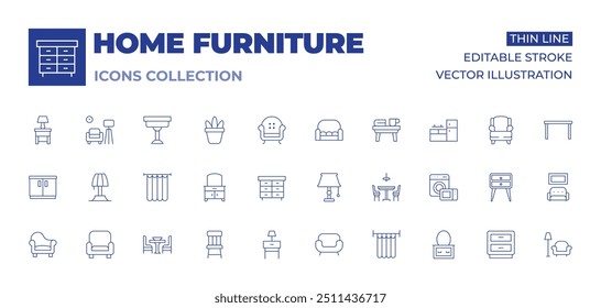 Home furniture icons collection. Thin Line icons, editable stroke. bedside table, cabinet, sofa, table lamp, curtain, dining table, armchair, dining room, dressing table, wooden chair.