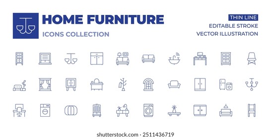 Home furniture icons collection. Thin Line icons, editable stroke. bean bag, cabinet, sofa, table, closet, desk, drawers, hat rack, living room, workplace, washing machine, window.