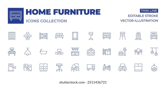 Home furniture icons collection. Thin Line icons, editable stroke. bath, bathroom, bunk bed, cabinet, stool, tv table, countertop, door, workplace, furniture, lamp, picture.