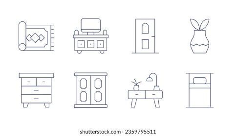 Home furniture icons. editable stroke. Containing carpet, chest of drawers, tv table, wardrobe, door, drawers, plant, single bed.