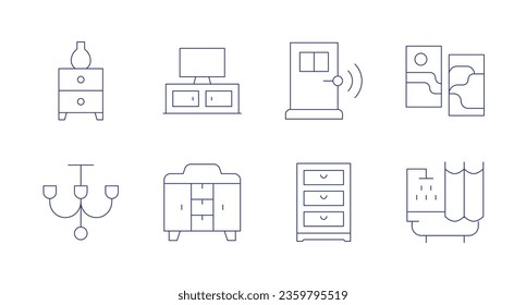 Home furniture icons. editable stroke. Containing cabinet, chandelier, tv stand, wardrobe, door, drawers, picture, shower.
