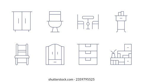 Home furniture icons. editable stroke. Containing cabinet, chair, toilet, wardrobe, dinner table, drawer, nightstand, shelves.
