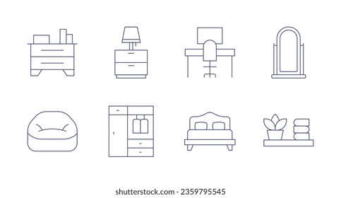 Home furniture icons. editable stroke. Containing cabinet, chair, table lamp, wardrobe, desk, double bed, mirror, shelf.