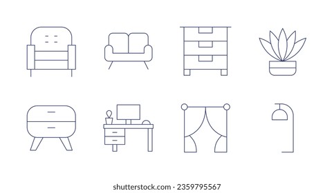 Home furniture icons. editable stroke. Containing armchair, bedside table, sofa, workspace, commode, curtain, fern, lamp.