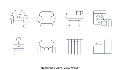 Home furniture icons. editable stroke. Containing armchair, bedside table, sofa, coffee table, curtain, electronics, kitchen.