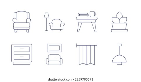 Home furniture icons. editable stroke. Containing armchair, bedside table, sofa, coffee table, curtain, fern, lamp.