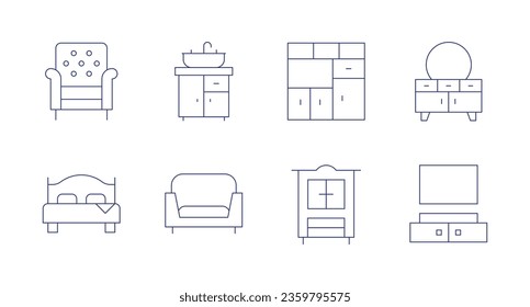 Home furniture icons. editable stroke. Containing armchair, bed, sink, sofa, closet, cupboard, dresser, home entertainment system.