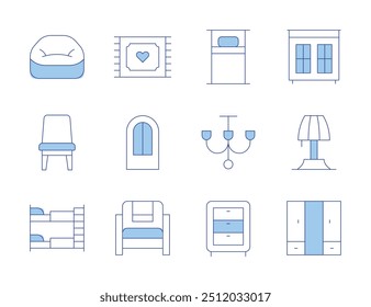 Symbole für Wohnmöbel. Linienduotonstil, bearbeitbarer Strich. Kleiderschrank, Kronleuchter, Kommode, Etagenbett, Schrank, Stuhl, Einzelbett, Teppich, Tischlampe, Haustür, Wohnungseinrichtung.