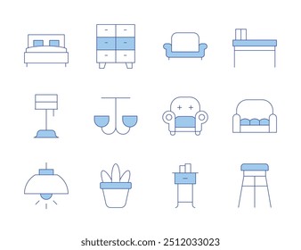 Home furniture icons. Line Duotone style, editable stroke. table, armchair, sofa, chest of drawers, stool, light, lamp, nightstand, bed, ceiling light, house plants.