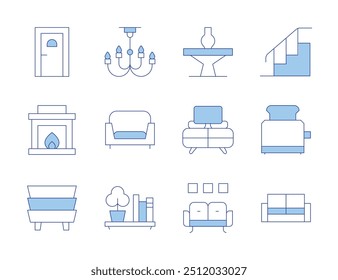 Symbole für Wohnmöbel. Linienduotonstil, bearbeitbarer Strich. Treppe, Tür, Tisch, Kronleuchter, Fernsehtisch, Kamin, Sofa, Toaster, Regal, Nachttisch.