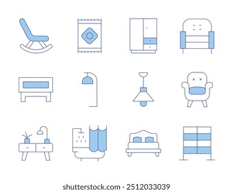 Iconos de muebles para el hogar. Línea estilo Duotone, carrera editable. estante, armario, cajones, ducha, luz de techo, mesa de centro, lámpara, sillón, cama doble, alfombra, mecedora.