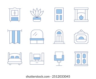 Home furniture icons. Line Duotone style, editable stroke. fireplace, door, picture, wardrobe, double bed, chair, fern, curtain, dressing table, home theater, cupboard.