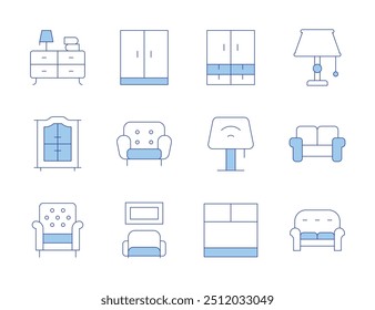 Symbole für Wohnmöbel. Linienduotonstil, bearbeitbarer Strich. Schrank, Schrank, Schrank, Nachttisch, Sessel, Tischlampe, Sofa, Tischlampe.