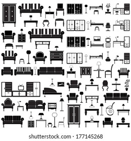 Iconos de muebles de casa, aislados en fondo blanco, ilustración vectorial.