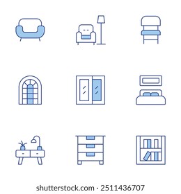 Home furniture icons set. Line Duotone style, editable stroke. book shelf, window, rest, drawers, commode, sofa, chair, bed.