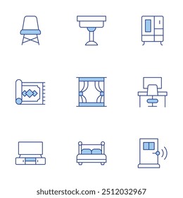 Home furniture icons set. Line Duotone style, editable stroke. coffee table, carpet, cupboard, chair, door, workplace, double bed, window, tv.