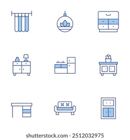 Home furniture icons set. Line Duotone style, editable stroke. cupboard, desk, cabinet, plant, kitchen, curtain, living room.