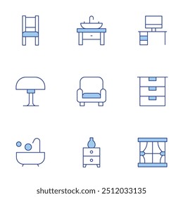 Home furniture icons set. Line Duotone style, editable stroke. workplace, bathtub, chair, sink, lamp, cabinet, curtain, drawer, sofa.