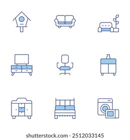 Home furniture icons set. Line Duotone style, editable stroke. tv table, couch, wardrobe, sideboard, bird house, desk chair, electronics, double bed, living room.