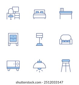 Home furniture icons set. Line Duotone style, editable stroke. table, furniture, stool, light, workplace, lamp, bed, night stand, sofa.