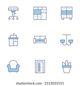 Home furniture icons set. Line Duotone style, editable stroke. stool, chest of drawers, armchair, ceiling light, sofa, house plants, closet, door, sink.
