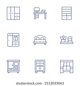 Home furniture icons set. Thin Line style, editable stroke. wardrobe, workspace, shelving, double bed, shelf, drawers, window.