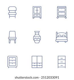 Home furniture icons set. Thin Line style, editable stroke. chair, wardrobe, drawer, vase, double bed, chest of drawers, drawers.