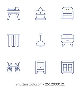 Home furniture icons set. Thin Line style, editable stroke. armchair, bedside table, cabinet, coffee table, curtain, dining table, fern, lamp, night stand.