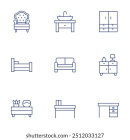 Home furniture icons set. Thin Line style, editable stroke. armchair, bed, cabinet, sink, sofa, table, closet, cupboard, desk.