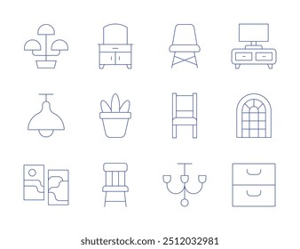 Symbole für Wohnmöbel. Stil der dünnen Linie, bearbeitbarer Strich. Ankleidetisch, Zimmerpflanzen, Holzstuhl, Blumentopf, Lampe, Bild, Kommode, Fernsehtisch, Fenster, Stuhl, Kronleuchter.