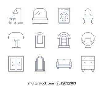 Iconos de muebles para el hogar. Estilo de línea delgada, carrera editable. tocador, puerta de la casa, espejo, lámpara de pie, lámpara, ventana, silla, cómoda, lavadora, sofá.